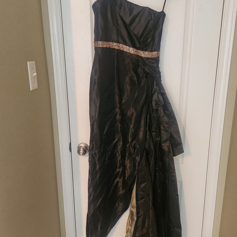 ABS Allen Schwartz Strapless Black Gown with Gold Accents